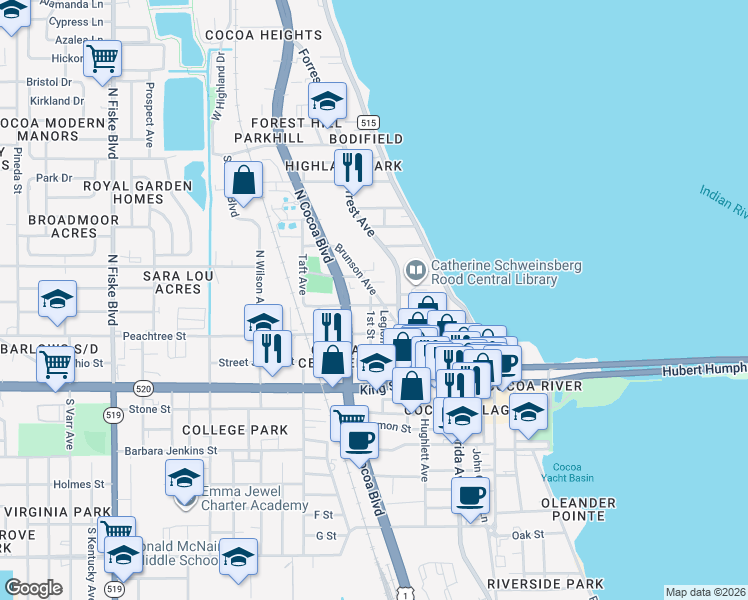 map of restaurants, bars, coffee shops, grocery stores, and more near 217 1st Street in Rockledge