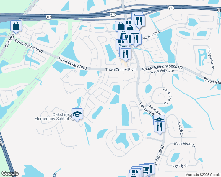 map of restaurants, bars, coffee shops, grocery stores, and more near 1101 Sandestin Way in Orlando