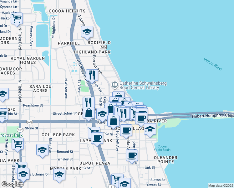 map of restaurants, bars, coffee shops, grocery stores, and more near 49 Mulberry Street in Cocoa