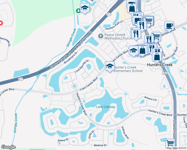 map of restaurants, bars, coffee shops, grocery stores, and more near 14310 Maymont Court in Orlando