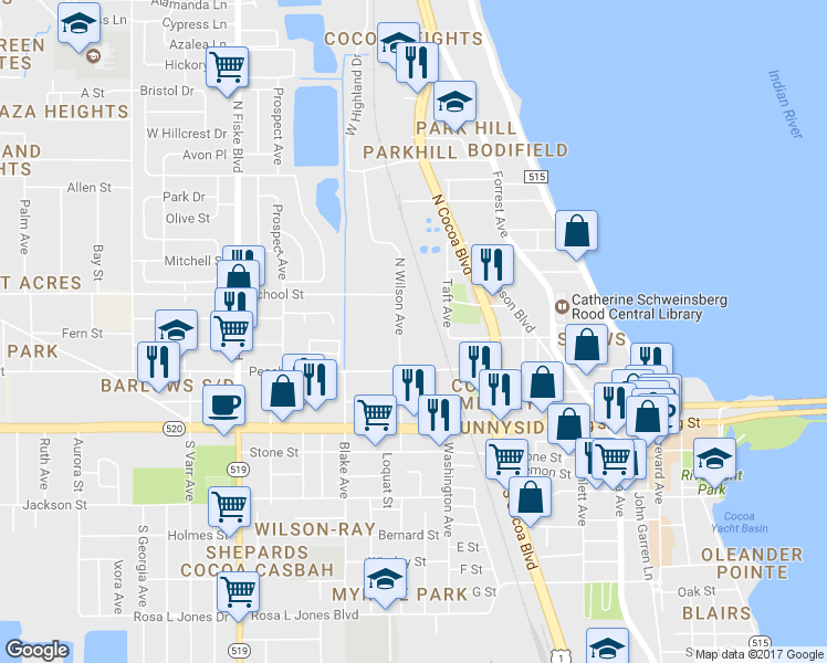 map of restaurants, bars, coffee shops, grocery stores, and more near 150 North Wilson Avenue in Cocoa