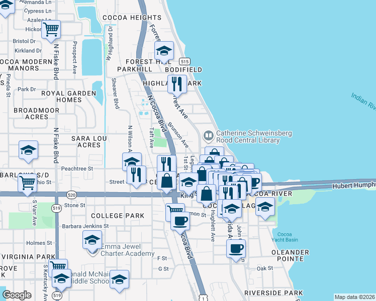 map of restaurants, bars, coffee shops, grocery stores, and more near 217 1st Street in Rockledge