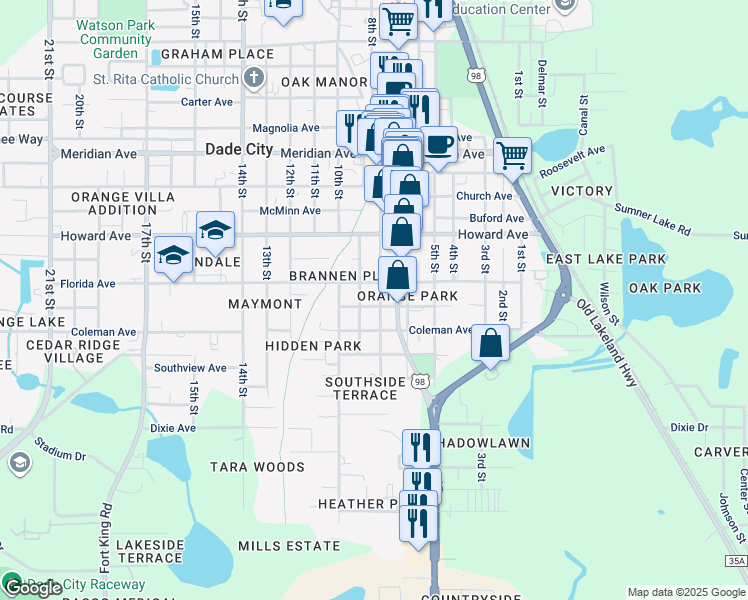 map of restaurants, bars, coffee shops, grocery stores, and more near 37831 Palm Avenue in Dade City