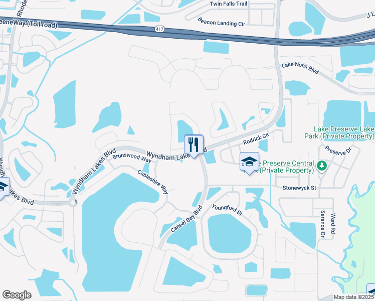 map of restaurants, bars, coffee shops, grocery stores, and more near 14848 Braywood Trail in Orlando