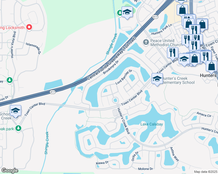 map of restaurants, bars, coffee shops, grocery stores, and more near 14226 Lord Barclay Drive in Orlando