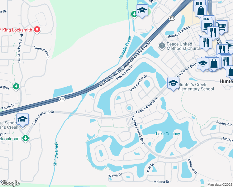 map of restaurants, bars, coffee shops, grocery stores, and more near 14226 Lord Barclay Drive in Orlando