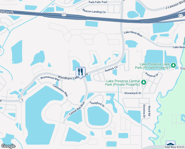 map of restaurants, bars, coffee shops, grocery stores, and more near 3410 Rodrick Circle in Orlando