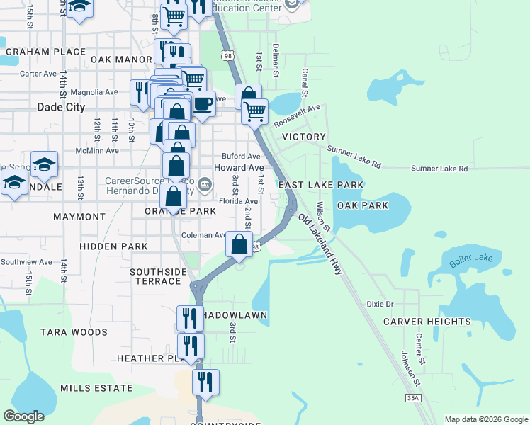 map of restaurants, bars, coffee shops, grocery stores, and more near 13814 1st St in Dade City