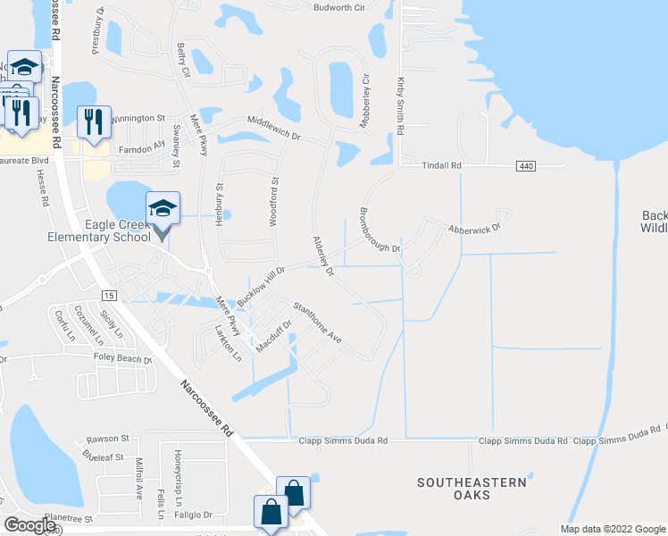map of restaurants, bars, coffee shops, grocery stores, and more near Woodfort Street in Orlando