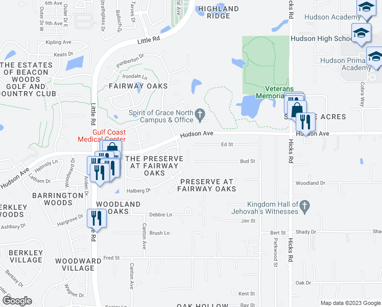 map of restaurants, bars, coffee shops, grocery stores, and more near 13906 Greyhawk Court in Hudson