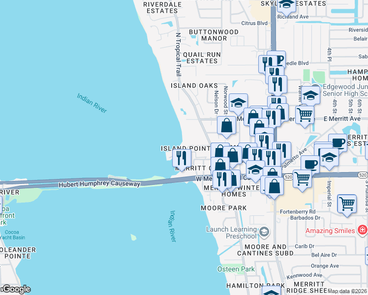 map of restaurants, bars, coffee shops, grocery stores, and more near 134 Starboard Lane in Merritt Island