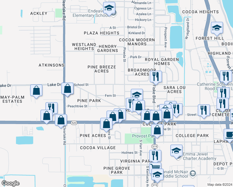 map of restaurants, bars, coffee shops, grocery stores, and more near 1220a Fern Street in Cocoa