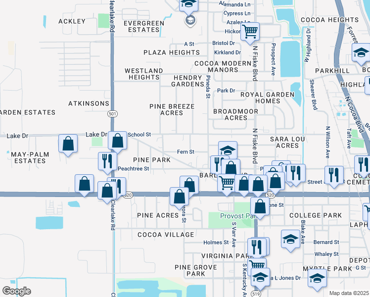 map of restaurants, bars, coffee shops, grocery stores, and more near 1220a Fern Street in Cocoa