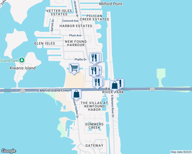 map of restaurants, bars, coffee shops, grocery stores, and more near in Merritt Island