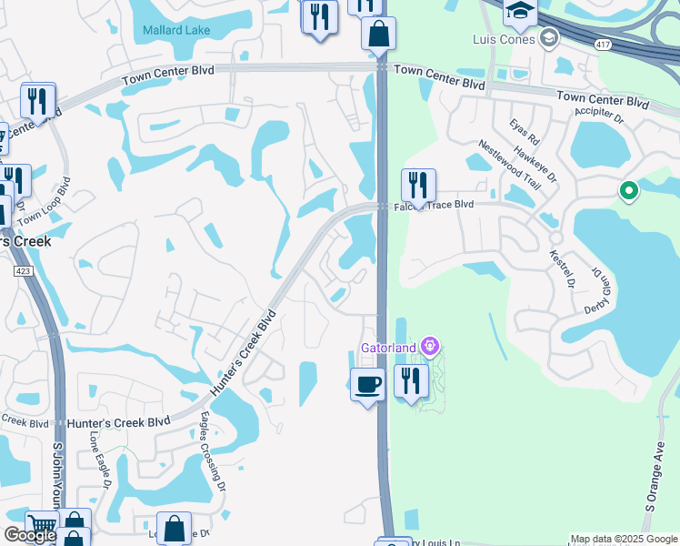 map of restaurants, bars, coffee shops, grocery stores, and more near 14229 Falls Church Drive in Orlando