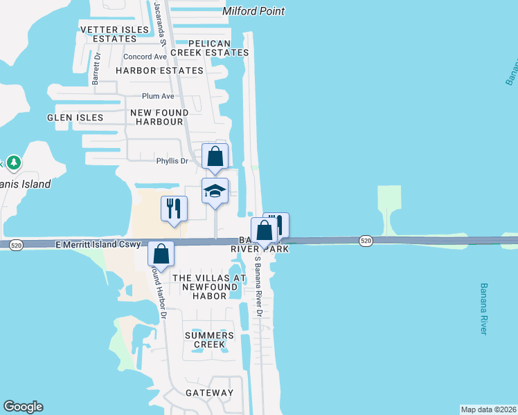 map of restaurants, bars, coffee shops, grocery stores, and more near 200 Milford Point Drive in Merritt Island
