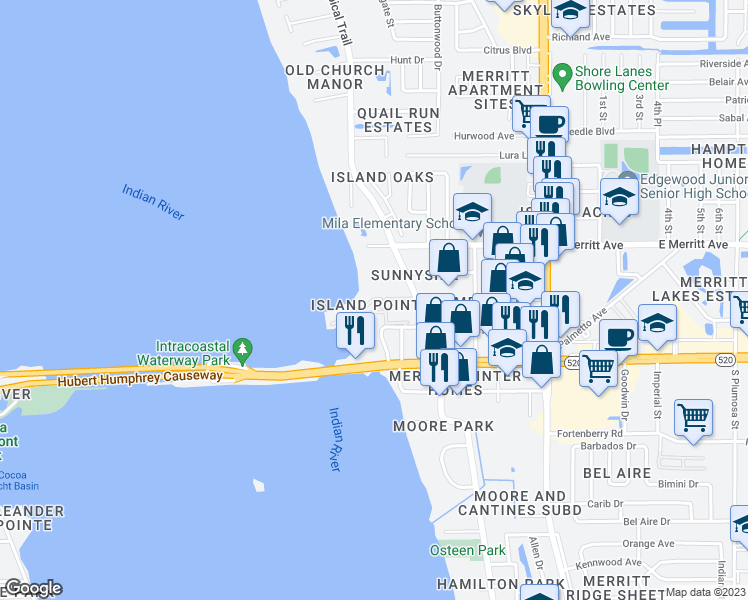 map of restaurants, bars, coffee shops, grocery stores, and more near 134 Starboard Lane in Merritt Island