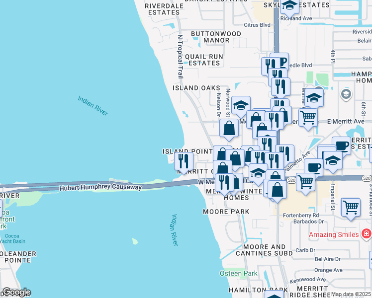 map of restaurants, bars, coffee shops, grocery stores, and more near 134 Starboard Lane in Merritt Island