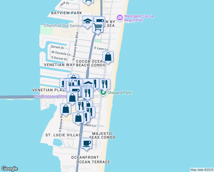 map of restaurants, bars, coffee shops, grocery stores, and more near 4440 Ocean Beach Boulevard in Cocoa Beach