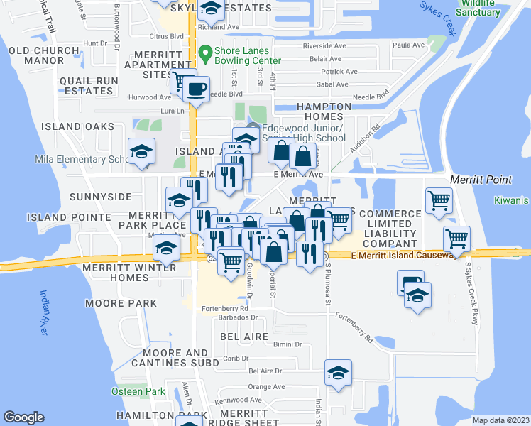 map of restaurants, bars, coffee shops, grocery stores, and more near 205 Palmetto Avenue in Merritt Island