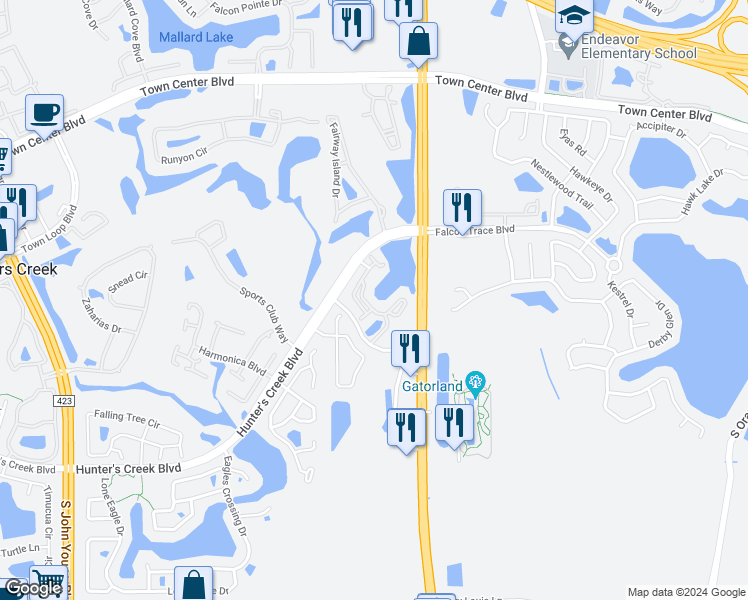 map of restaurants, bars, coffee shops, grocery stores, and more near 14201 Fredricksburg Drive in Orlando