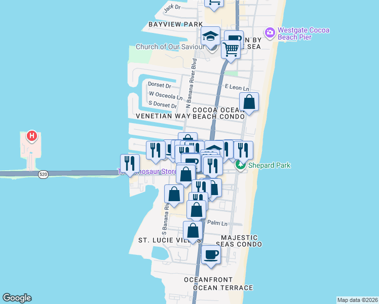map of restaurants, bars, coffee shops, grocery stores, and more near 4410 North Banana River Boulevard in Cocoa Beach