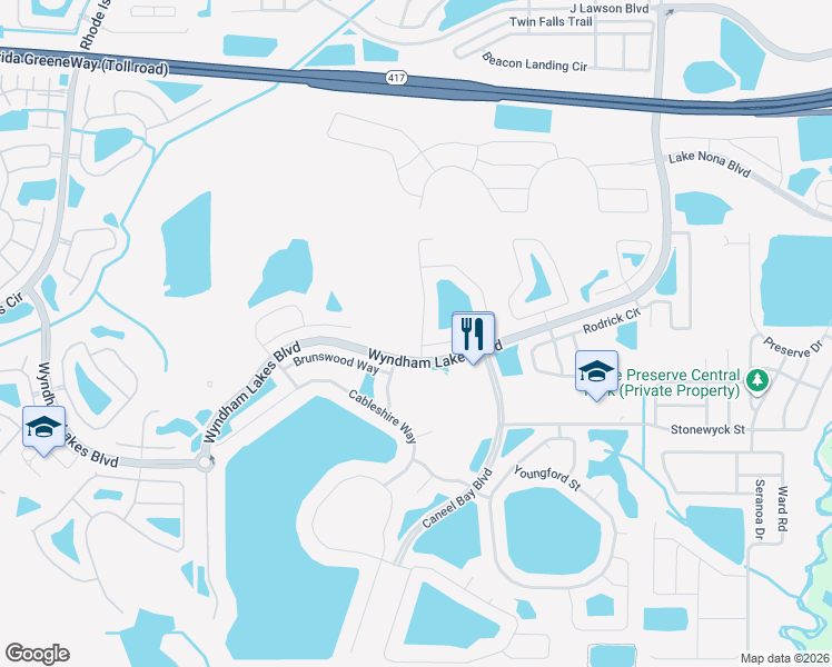 map of restaurants, bars, coffee shops, grocery stores, and more near 14800 Braywood Trail in Orlando