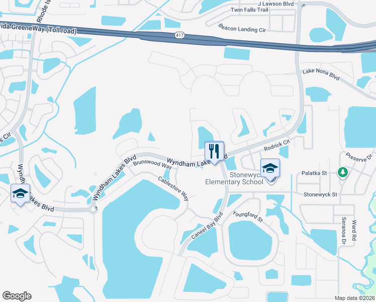 map of restaurants, bars, coffee shops, grocery stores, and more near 14800 Braywood Trail in Orlando