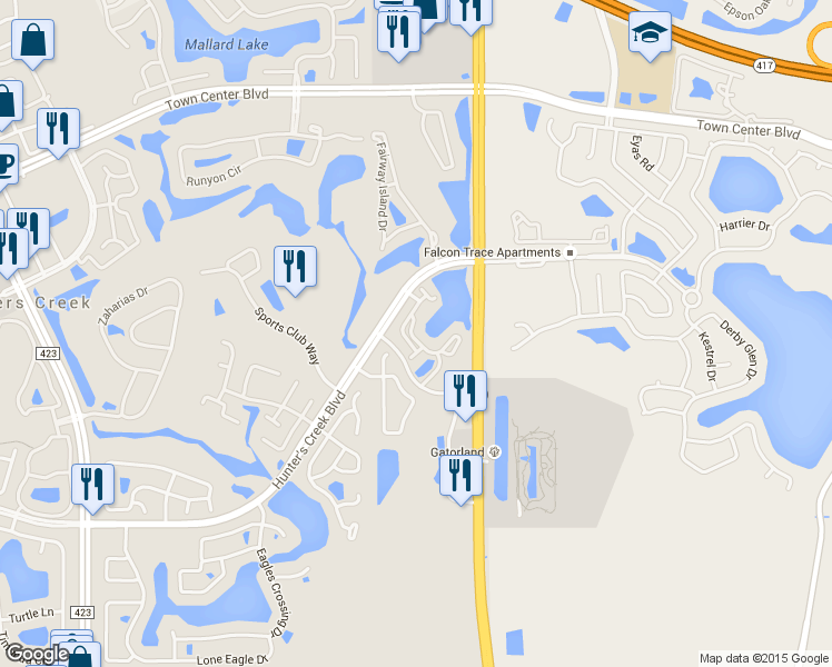 map of restaurants, bars, coffee shops, grocery stores, and more near 14229 Falls Church Drive in Orlando