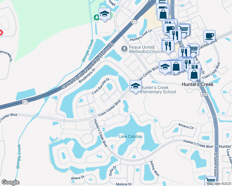 map of restaurants, bars, coffee shops, grocery stores, and more near 14310 Maymont Court in Orlando