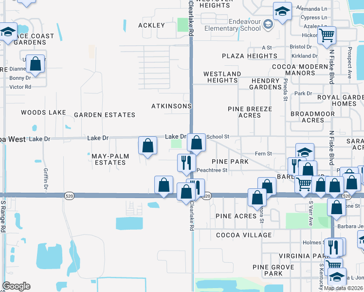 map of restaurants, bars, coffee shops, grocery stores, and more near 1612 Fern Street in Cocoa