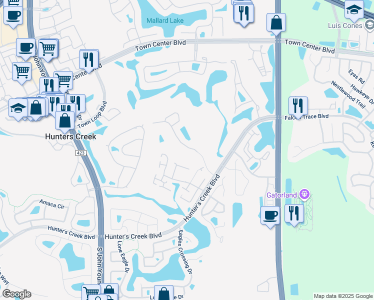 map of restaurants, bars, coffee shops, grocery stores, and more near 14334 Sports Club Way in Orlando