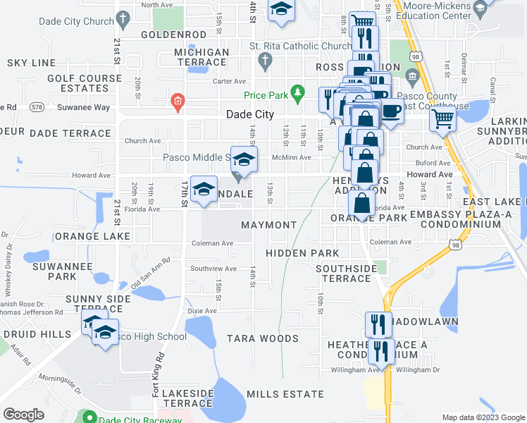 map of restaurants, bars, coffee shops, grocery stores, and more near 37524 Florida Avenue in Dade City