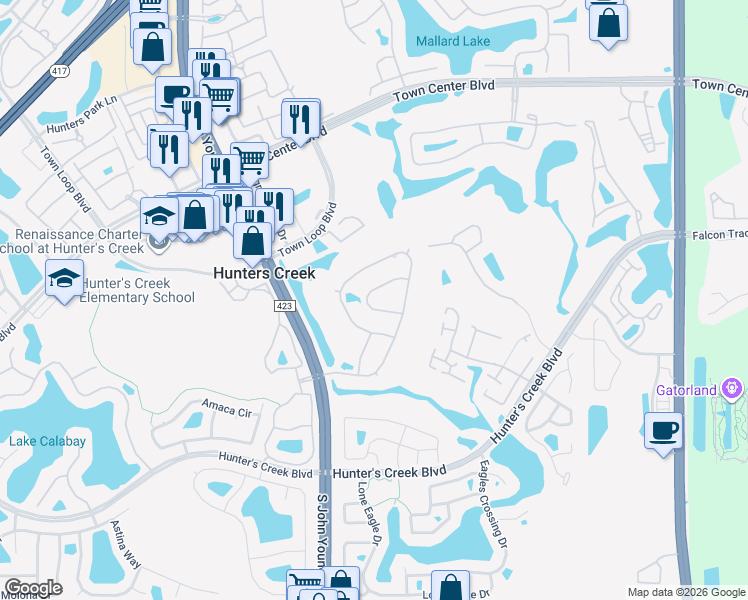 map of restaurants, bars, coffee shops, grocery stores, and more near 14148 Snead Circle in Orlando