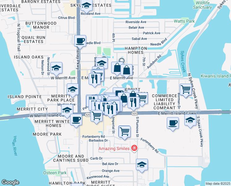 map of restaurants, bars, coffee shops, grocery stores, and more near 205 Palmetto Avenue in Merritt Island