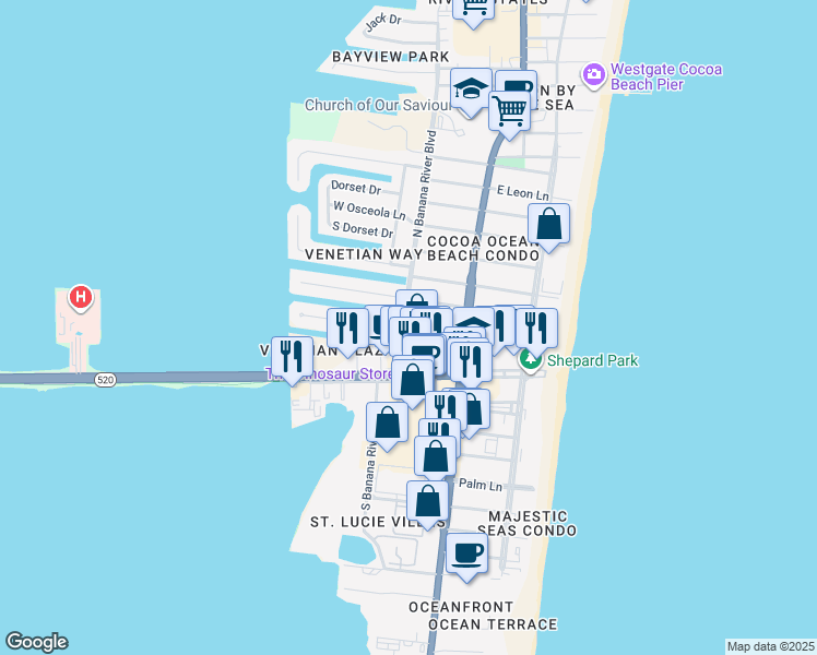 map of restaurants, bars, coffee shops, grocery stores, and more near 151 West Volusia Lane in Cocoa Beach