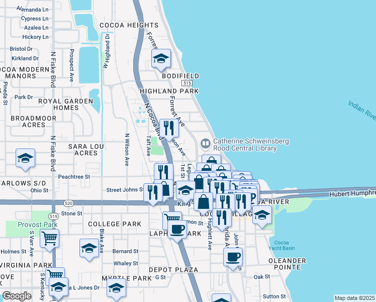map of restaurants, bars, coffee shops, grocery stores, and more near 217 1st Street in Rockledge
