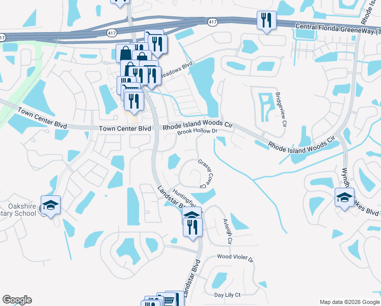 map of restaurants, bars, coffee shops, grocery stores, and more near 14585 Grassy Cove Circle in Orlando