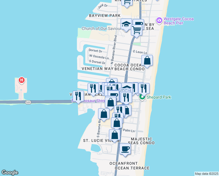 map of restaurants, bars, coffee shops, grocery stores, and more near 151 West Volusia Lane in Cocoa Beach