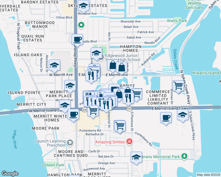 map of restaurants, bars, coffee shops, grocery stores, and more near 205 Palmetto Avenue in Merritt Island