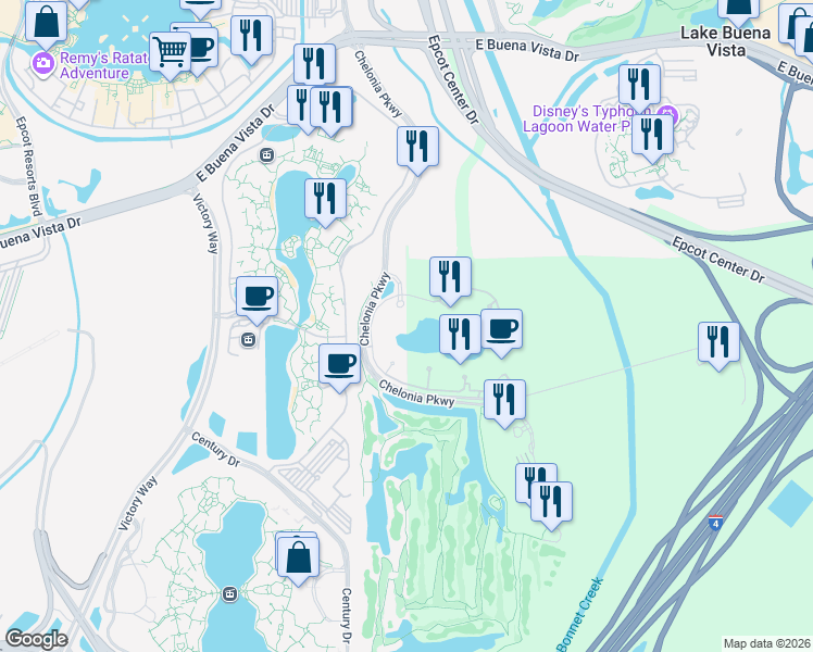 map of restaurants, bars, coffee shops, grocery stores, and more near 9620 Via Encinas in Orlando