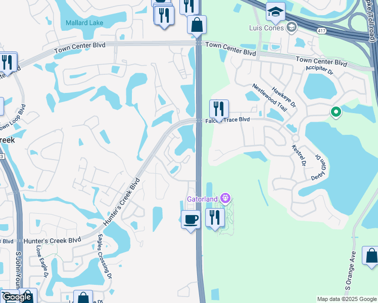 map of restaurants, bars, coffee shops, grocery stores, and more near 2037 Tizewell Circle in Orlando