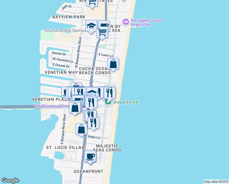 map of restaurants, bars, coffee shops, grocery stores, and more near 4440 Ocean Beach Boulevard in Cocoa Beach