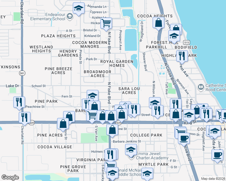map of restaurants, bars, coffee shops, grocery stores, and more near 924 Fern Avenue in Cocoa