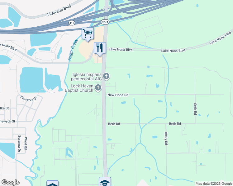 map of restaurants, bars, coffee shops, grocery stores, and more near 6350 New Hope Road in Orlando
