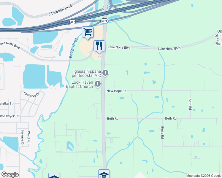 map of restaurants, bars, coffee shops, grocery stores, and more near 14221 Boggy Creek Road in Orlando