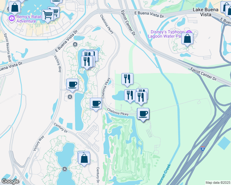 map of restaurants, bars, coffee shops, grocery stores, and more near 9620 Via Encinas in Orlando