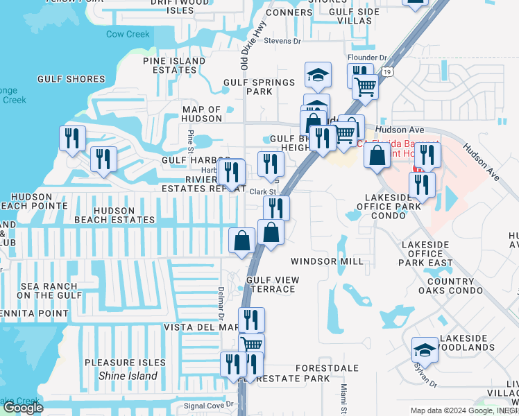 map of restaurants, bars, coffee shops, grocery stores, and more near 13919 U.S. 19 in Hudson