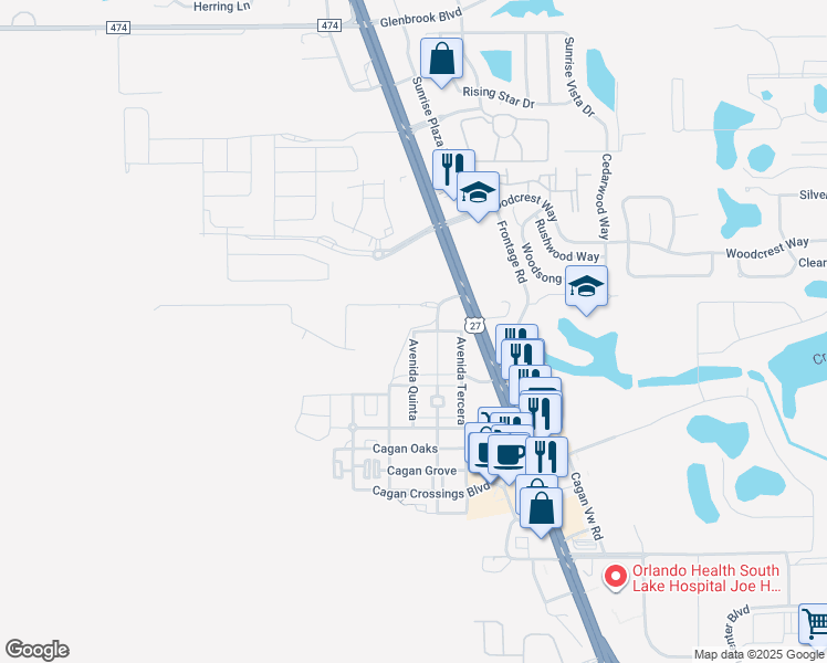 map of restaurants, bars, coffee shops, grocery stores, and more near 899 Avenida Quinta in Clermont