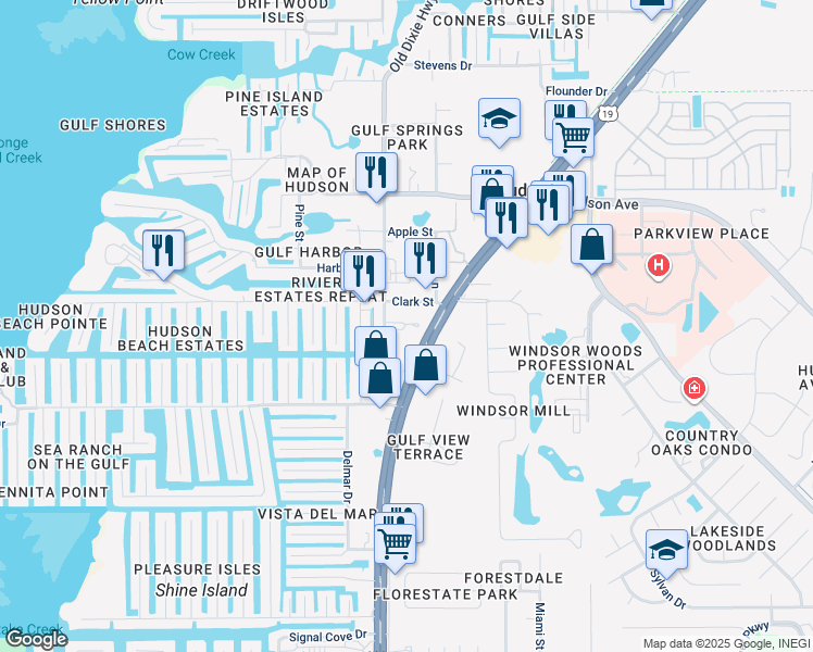 map of restaurants, bars, coffee shops, grocery stores, and more near 13919 U.S. 19 in Hudson